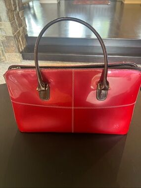 JuJu Red Patent Satchel with Dark Brown Handles